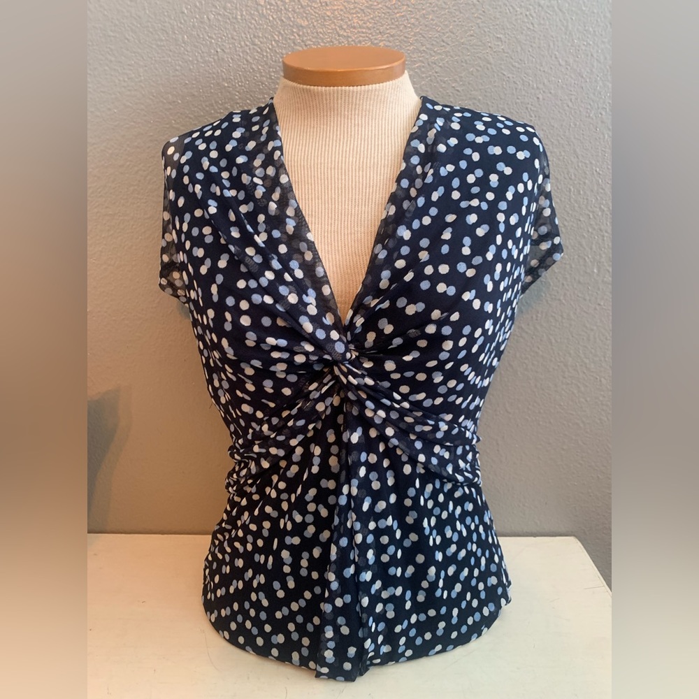 Anne Klein Sexy Plunge Navy Polka Dot Blouse Women’s Sz Large